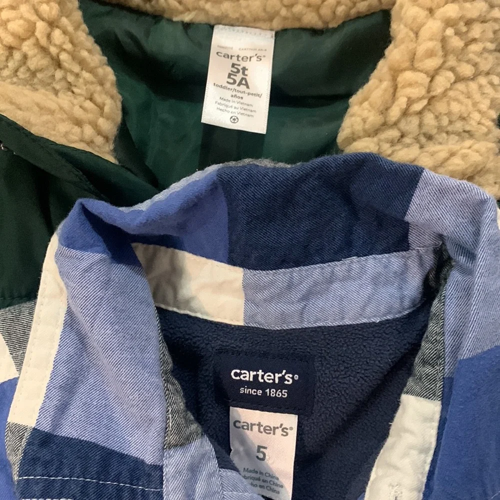 Carter’s (1)Vest Green Fleece Neck Pockets (2)Shacket Navy Blue Plaid Pockets 5T